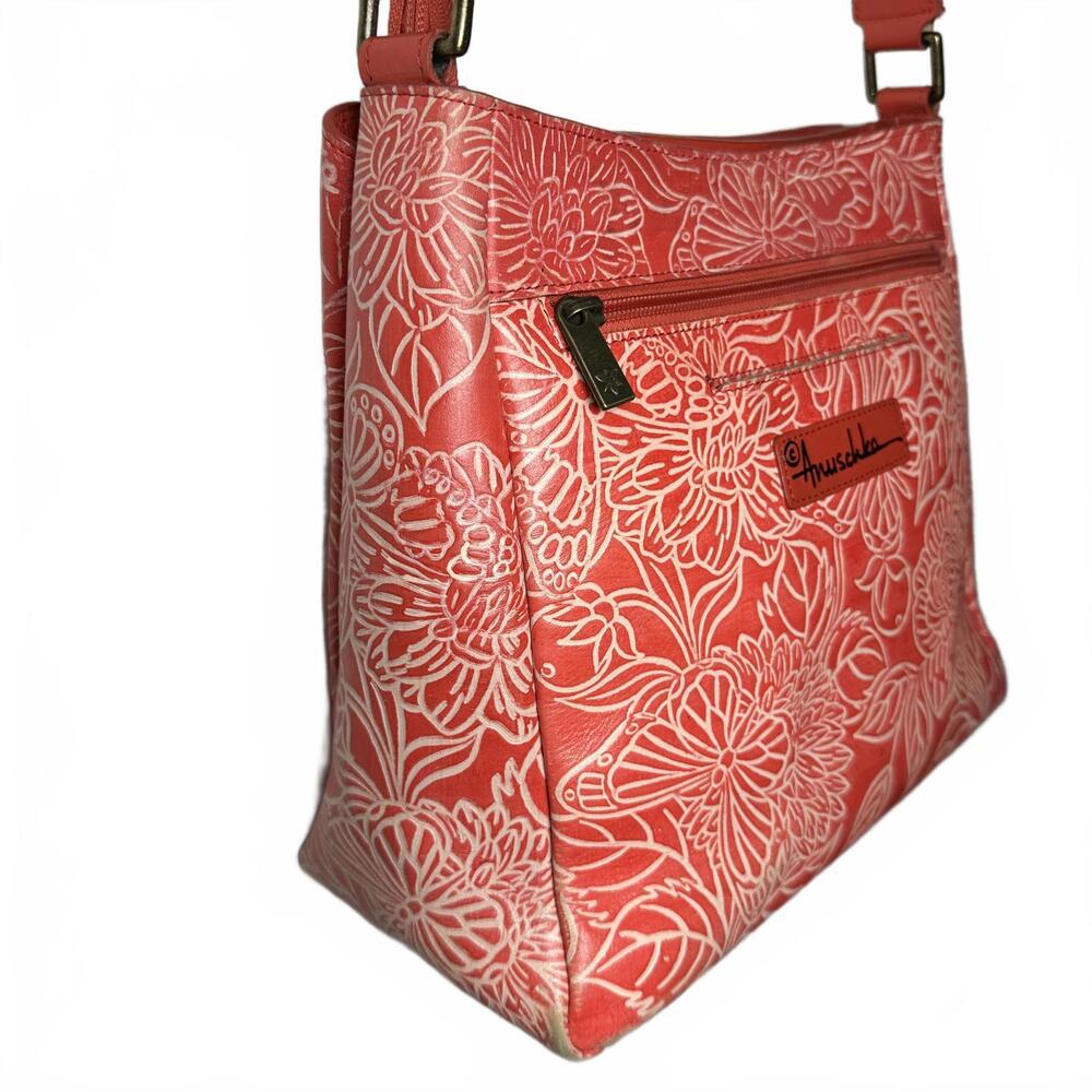 Anuschka Tooled Leather Crossbody Bag W/ Adjustable Strap-Butterfly Coral - Picture 3 of 9